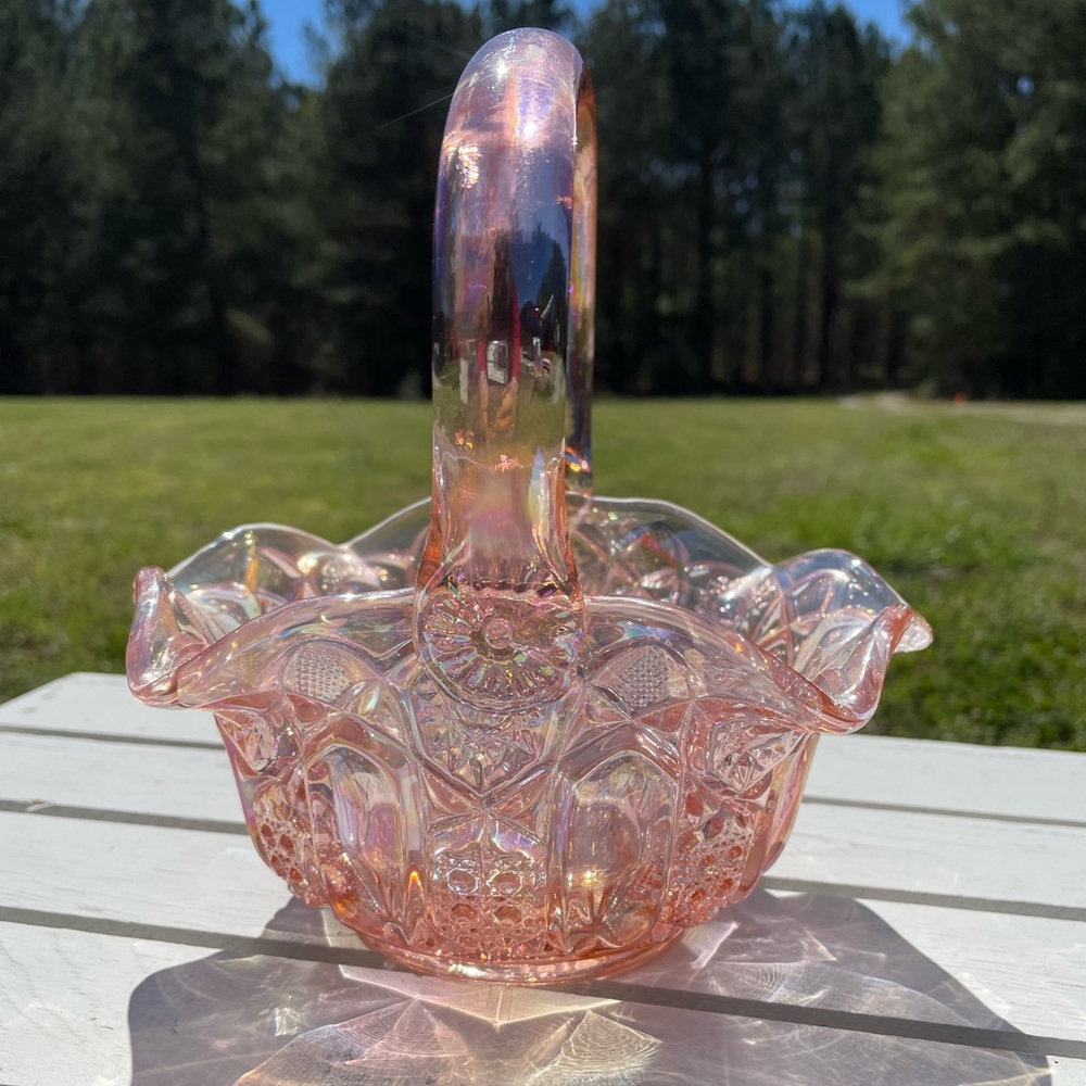 L.E Smith Iridescent Carnival Pink Glass Basket